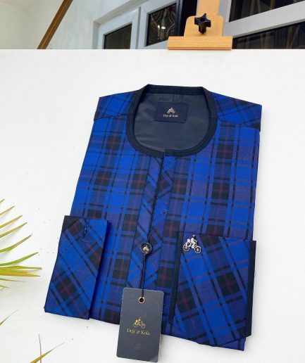 A Blue And Black Check Front Flap African Kaftan