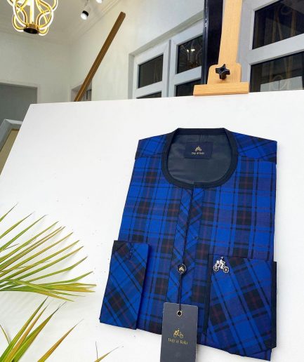 A Blue And Black Check Front Flap African Kaftan