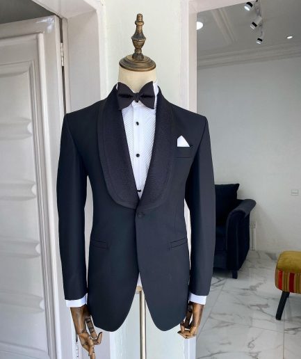 A Charcoal black Shawl lapel tuxedo suit with black jacquard detailing