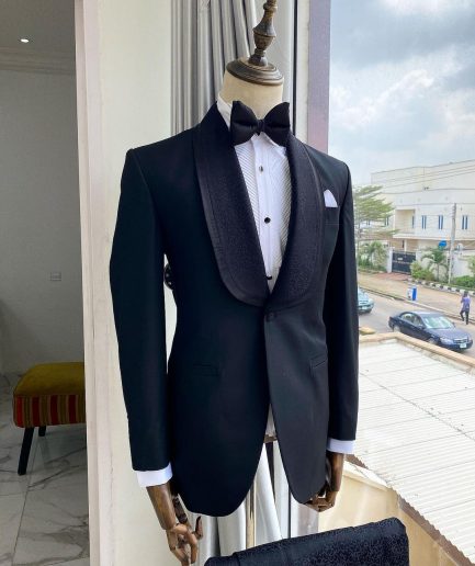 A Charcoal black Shawl lapel tuxedo suit with black jacquard detailing