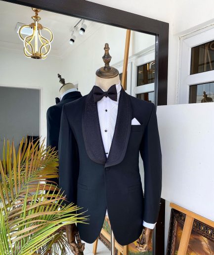 A Charcoal black Shawl lapel tuxedo suit with black jacquard detailing