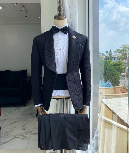 A Charcoal Black Shawl Lapel Jacquard Tuxedo Suit