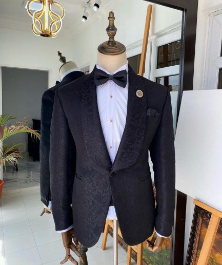 A Charcoal Black Shawl Lapel Jacquard Tuxedo Suit
