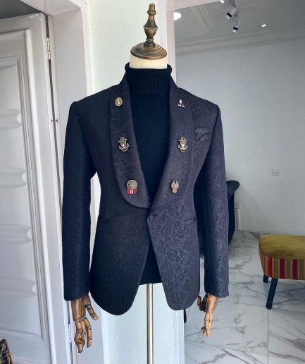 A Charcoal Black Shawl Lapel Jacquard Tuxedo Suit