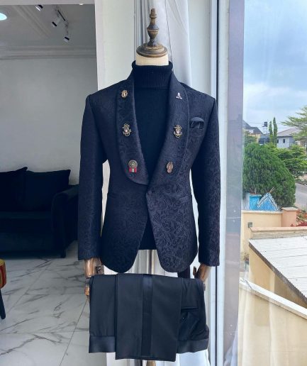 A Charcoal Black Shawl Lapel Jacquard Tuxedo Suit