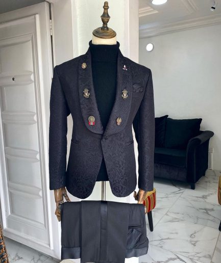 A Charcoal Black Shawl Lapel Jacquard Tuxedo Suit