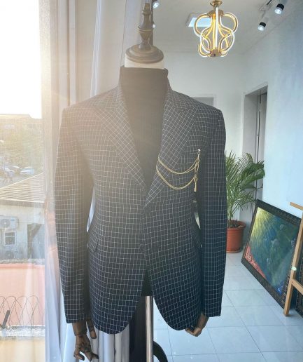 A Charcoal Black and ivory Check Peak Lapel Corporate Suit