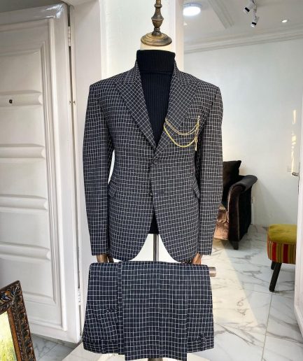 A Charcoal Black and ivory Check Peak Lapel Corporate Suit