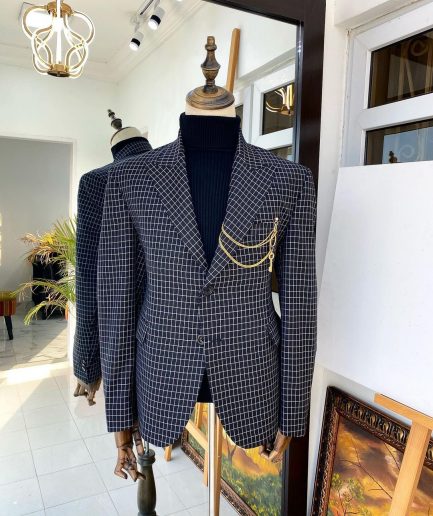 A Charcoal Black and ivory Check Peak Lapel Corporate Suit