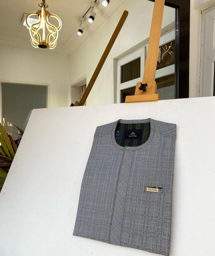 A Grey check Front flap African kaftan with pen hole details and sokoto