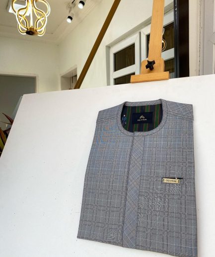 A Grey check Front flap African kaftan with pen hole details and sokoto