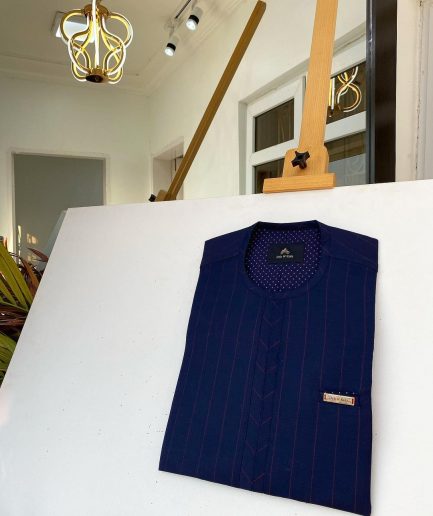A Stripe Navy Blue and red kaftan with pen hole details and Sokoto
