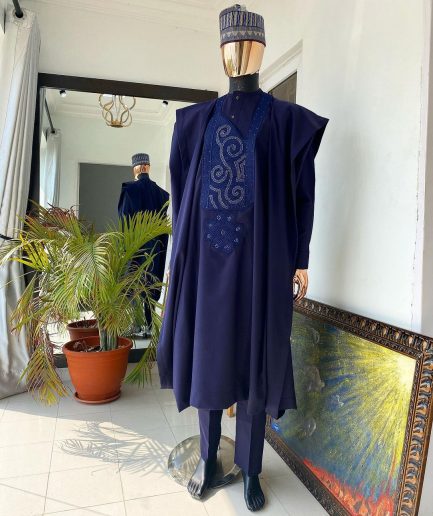 An Egg plant Purple and Blue Embroidery African tailored Agbada