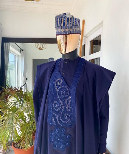 An Egg plant Purple and Blue Embroidery African tailored Agbada