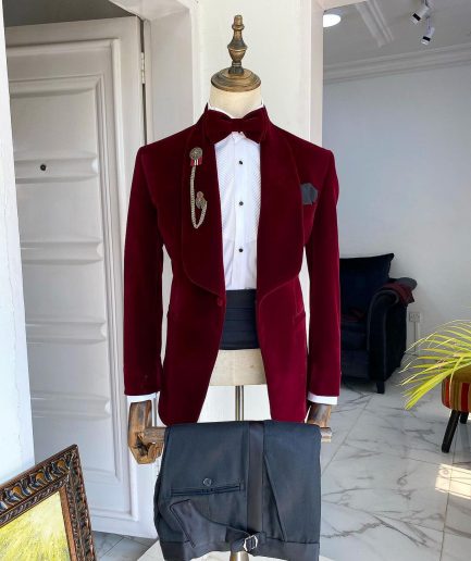 An Italian velvet burgundy Shawl lapel tuxedo suit