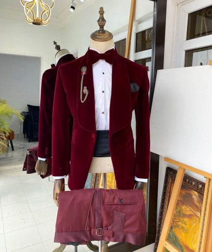 An Italian velvet burgundy Shawl lapel tuxedo suit