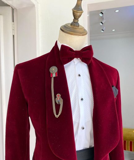 An Italian velvet burgundy Shawl lapel tuxedo suit
