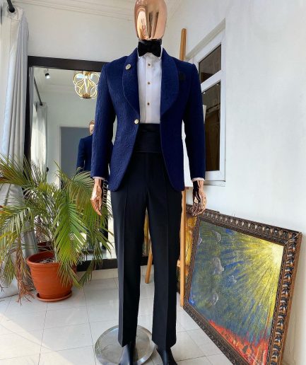 A Navy Blue shawl lapel floral pattern jacquard tuxedo suit