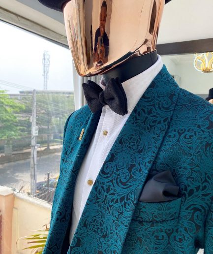 A “Jonnie Walker” shawl lapel double breasted green floral pattern jacquard tuxedo suit