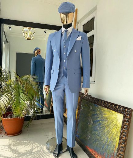 A powdered blue ''peaky blinders'' peak lapel business suit