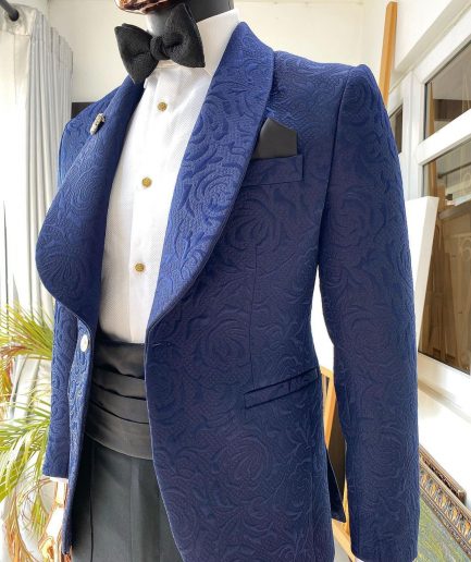 A Navy Blue shawl lapel floral pattern jacquard tuxedo suit