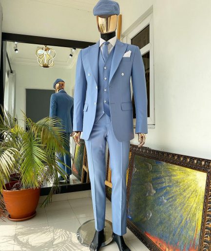 A powdered blue ''peaky blinders'' peak lapel business suit