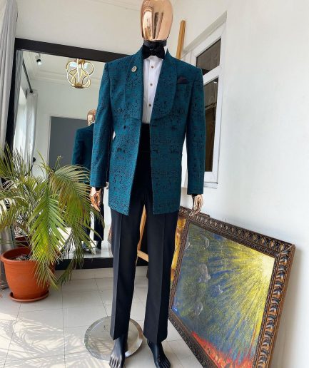 A “Jonnie Walker” shawl lapel double breasted green floral pattern jacquard tuxedo suit
