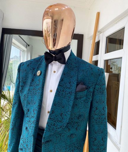 A “Jonnie Walker” shawl lapel double breasted green floral pattern jacquard tuxedo suit