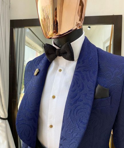 A Navy Blue shawl lapel floral pattern jacquard tuxedo suit