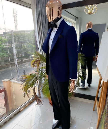 A Navy Blue shawl lapel floral pattern jacquard tuxedo suit