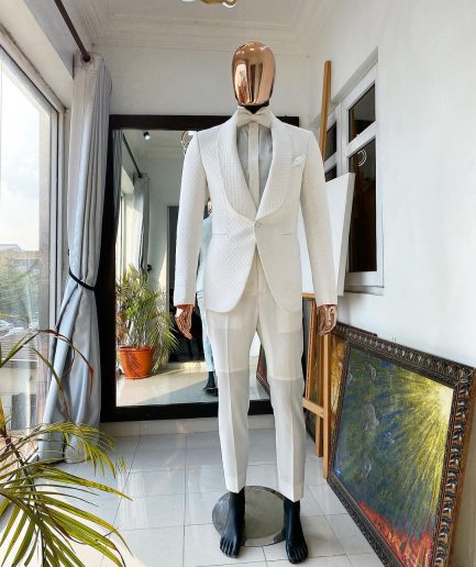 An Ivory white reloaded “Road To Damascus” monochrome square pattern jacquard tuxedo suit.