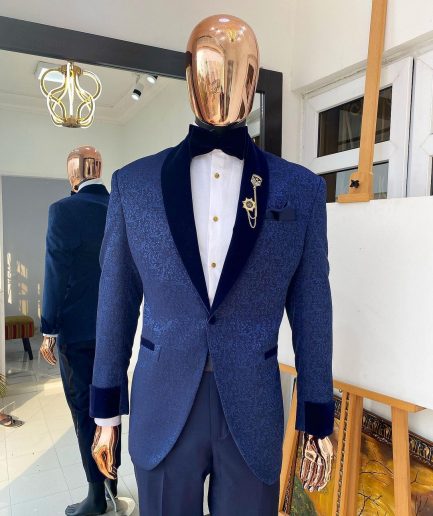 A Navy blue shawl lapel floral pattern jacquard blazer suit