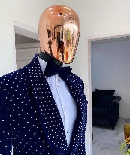 An Italian blue velvet tuxedo suit with silver Swarovski stone details
