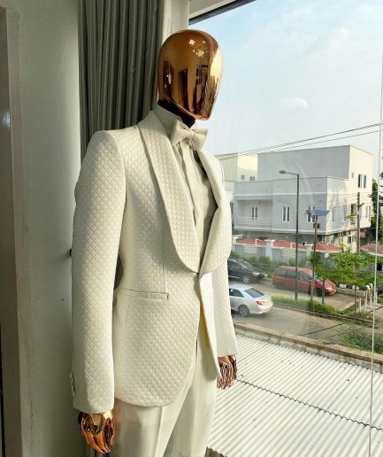 An Ivory white reloaded “Road To Damascus” monochrome square pattern jacquard tuxedo suit.
