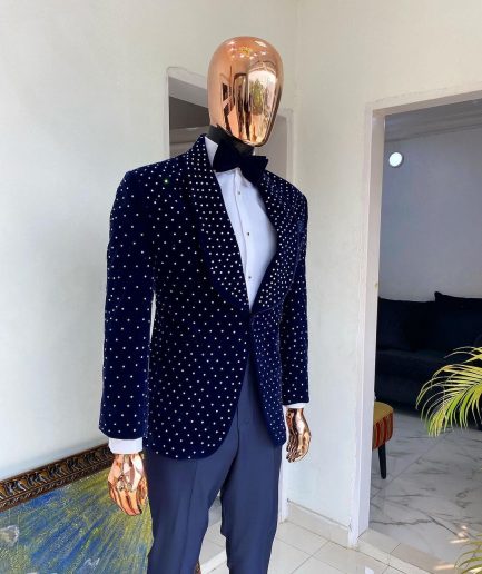 An Italian blue velvet tuxedo suit with silver Swarovski stone details