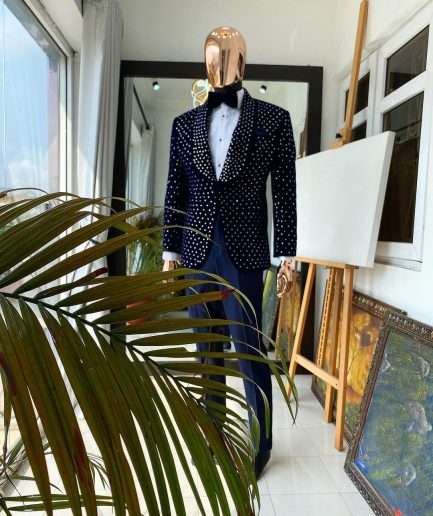 An Italian blue velvet tuxedo suit with silver Swarovski stone details