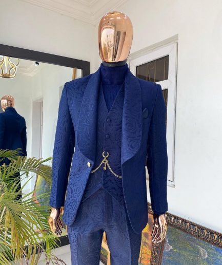 A Navy blue shawl lapel floral pattern jacquard tuxedo suit