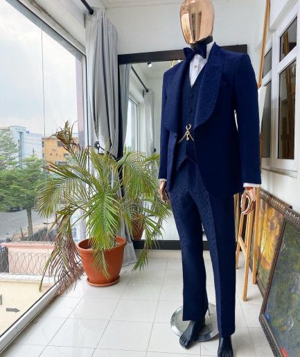 A Monochrome Navy Blue Jacquard Tuxedo Suit.