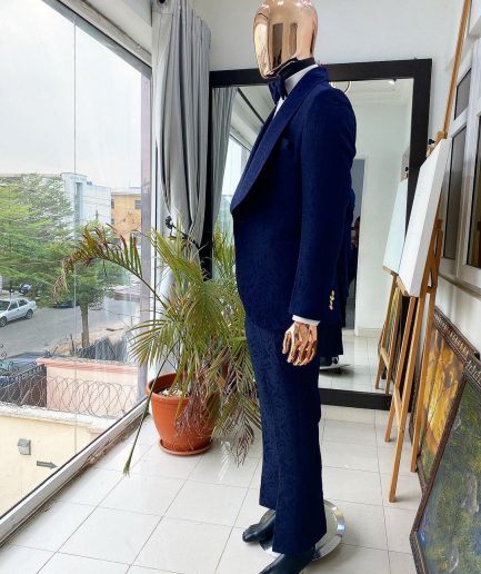 A Monochrome Navy Blue Jacquard Tuxedo Suit.
