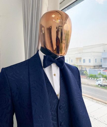 A Monochrome Navy Blue Jacquard Tuxedo Suit.