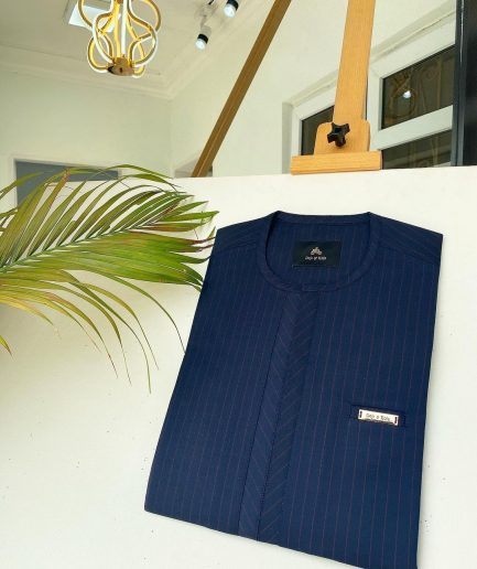 A Navy blue and red pinstripe African kaftan with an adjacent lane design and Sokoto