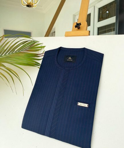 A Navy blue and red pinstripe African kaftan with an adjacent lane design and Sokoto