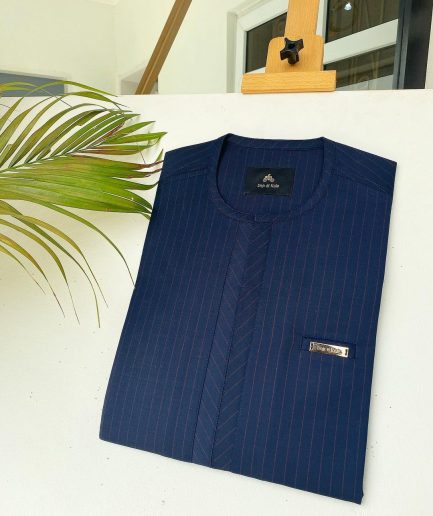 A Navy blue and red pinstripe African kaftan with an adjacent lane design and Sokoto