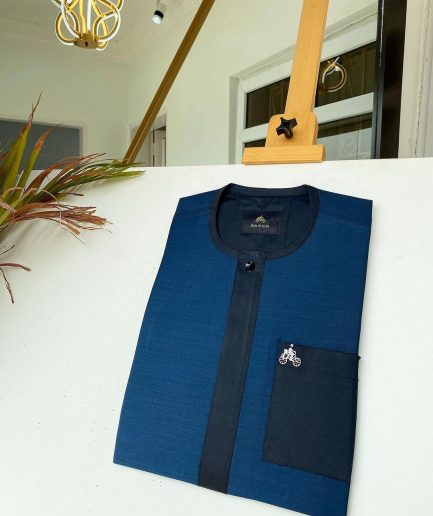 A Navy blue and blue flap African kaftan with matching patch pocket and Sokoto