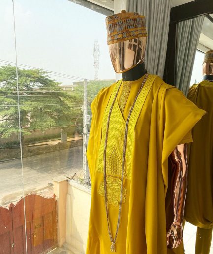 A Mustard Yellow With Connected Embroidery Agbada