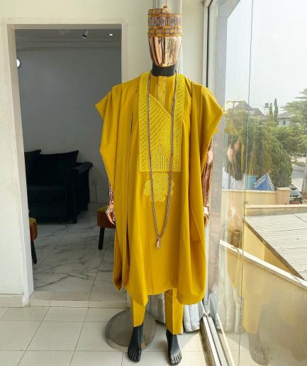 A Mustard Yellow With Connected Embroidery Agbada
