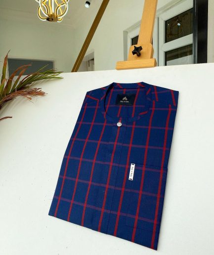 A Navy blue and red windowpane check traditional African kaftan and Sokoto