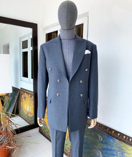 A Grey Pinstripe Peak Lapel Double Breasted Suit
