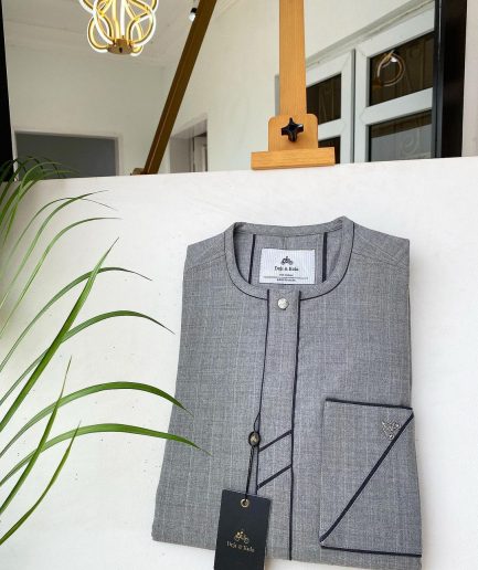 A light grey stripe front flap with a Swarovski stone button African Kaftan