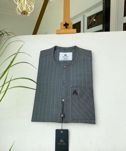 A light grey stripe front flap, Swarovski stone button with a maze line design African kaftan